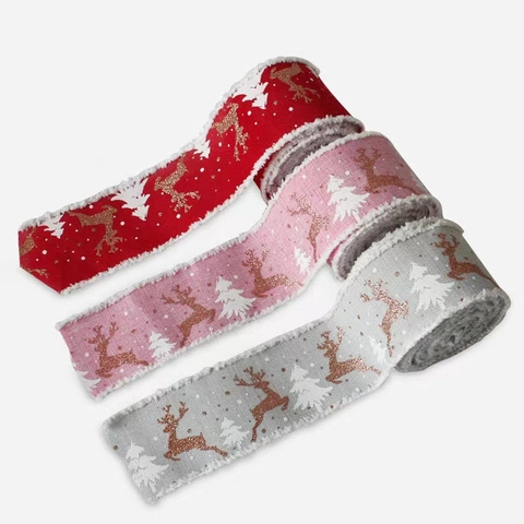 Ruban en Tissu Imprimé Arbre D'élan de Noël Avec Bord en Peluche Filaire Ruban Filaire Décoratif à Paillettes Pour Emballage Cadeau DIY