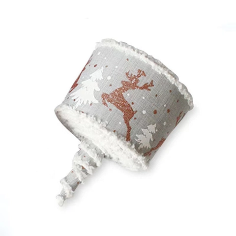 Ruban en Tissu Imprimé Arbre D'élan de Noël Avec Bord en Peluche Filaire Ruban Filaire Décoratif à Paillettes Pour Emballage Cadeau DIY