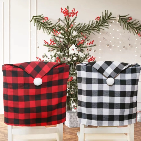 Christmas Buffalo Plaid Chair Back Covers With White Pom Pom Festive Fabric Dining Chair Slipcovers For Home Holiday Decor