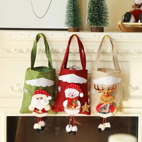 Weihnachts Leinen Geschenktüten Mit 3D Weihnachtsmann Schneemann Rentier Cartoon Handtasche Für Kinder Feiertag Party Deko Taschen