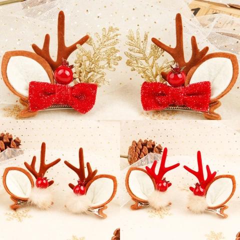 Fermagli per Capelli con Corna di Renna di Natale per Donna Ragazza Simpatico Fermaglio Festivo con Bacche Rosse Orecchie di Peluche Foglie Oro Decorazioni per Feste