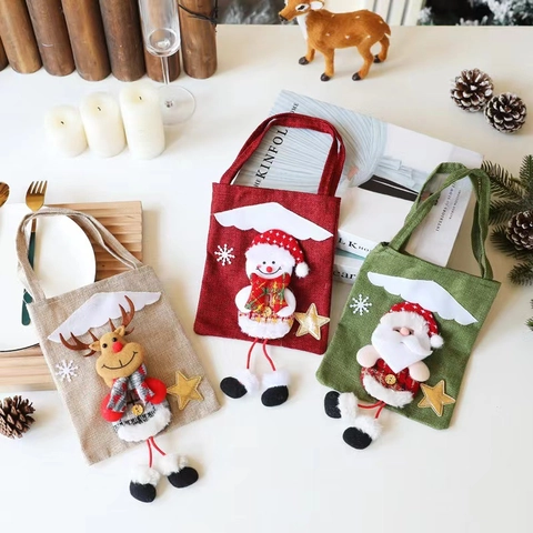 Weihnachts Leinen Geschenktüten Mit 3D Weihnachtsmann Schneemann Rentier Cartoon Handtasche Für Kinder Feiertag Party Deko Taschen