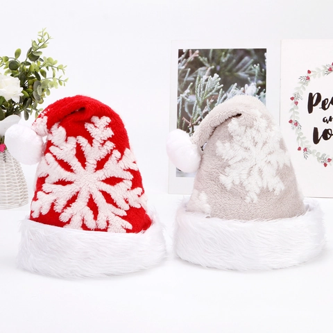 Bonnet de Noël en Peluche de Polyester Avec Motif de Flocon de Neige Brodé Doux Bonnet de Père Noël pour Fêtes d'Hiver