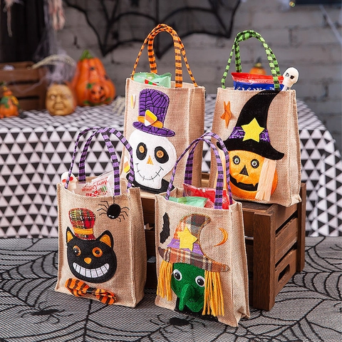 Halloween Leinen Süßigkeiten Taschen Cartoon Kürbis Schwarze Katze Skelett Zauberer Handtaschen Party Deko Geschenkbeutel Kinder