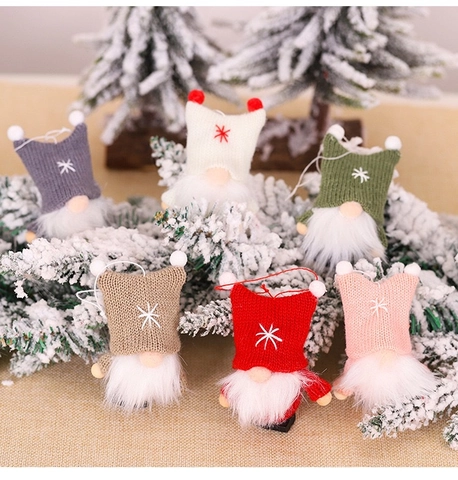 Décorations de Noël Gnome en Tricot Poupée sans Visage Brodée Figurine à Suspendre Décoration de Sapin