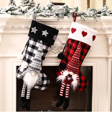 Calcetín De Navidad De Cuadros Buffalo Con Gnomo De Piernas Largas Decoración Colgante Para Chimenea Fiesta Bolsa De Regalo