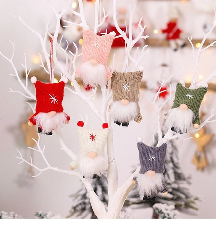 Décorations de Noël Gnome en Tricot Poupée sans Visage Brodée Figurine à Suspendre Décoration de Sapin