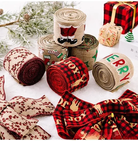 Christmas Burlap Ribbon With Wired Edge Printed Xmas Tree Reindeer Star Socks Patterns For Holiday Gift Wrapping Home Decor