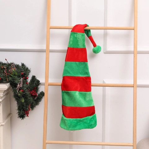 Extra Lange Rot Und Grün Horizontal Gestreifter Stoff Weihnachtsmütze Plüsch Elfenmütze Für Festliche Party Kostüm Dekoration Unisex