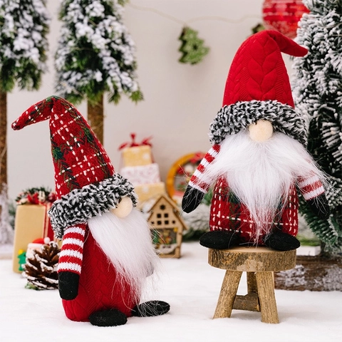 Scandinavian Christmas Gnome Decor Plaid Hat Faceless Dwarf Doll Ornaments For Holiday Home Table Party Nordic Style Gift