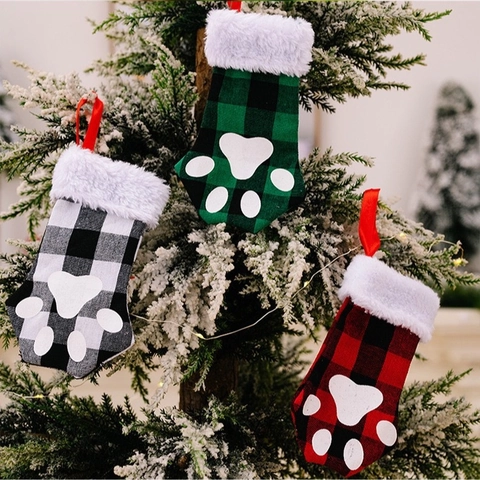 Weihnachten Besteckhalter Socke Buffalo Karo Katzenpfote Druck Esstisch Dekoration Party Zubehör Gabel Messer Löffel Taschen