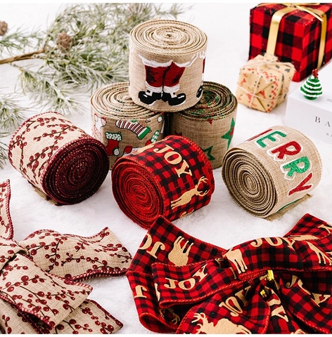 Nastro Di Juta Di Natale Con Bordo Cablato Stampato Albero Di Natale Renna Stella Calzini Modelli Per Regalo Di Festa Arredamento