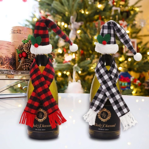 Housse de Bouteille de Vin de Noël Écharpe et Bonnet à Carreaux Décoration en Tissu Buffalo Check Mini Sac de Bouteille Ornement Table de Noël