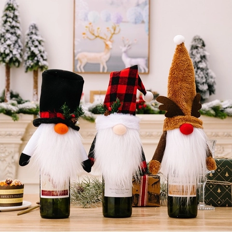 Christmas Gnome Wine Bottle Cover Handmade Swedish Tomte Gonk Bottle Topper For Holiday Dining Table Party Decoration