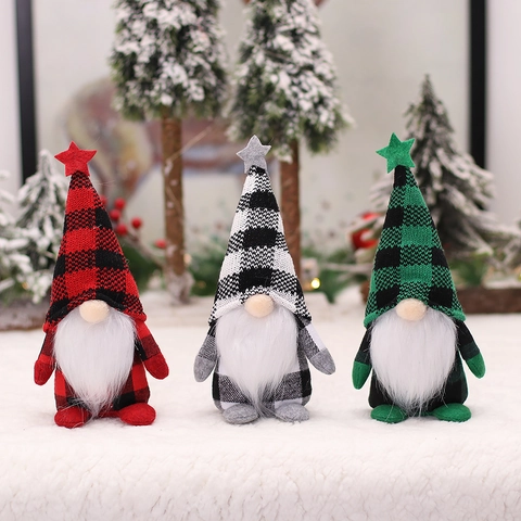 Poupée Gnome de Noël en Peluche Ornement Père Noël sans Visage Chapeau à Carreaux Décoration Étoile pour Maison Fête Décor de Table