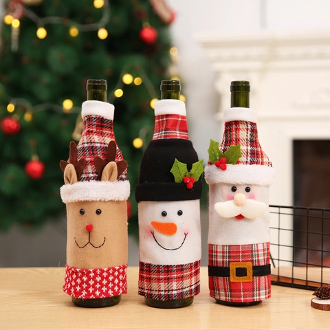 Christmas Wine Bottle Covers Fabric Faux Linen Knitted Santa Claus Snowman Reindeer Bottle Bags For Holiday Table Decor