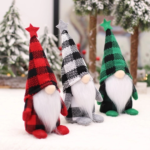 Poupée Gnome de Noël en Peluche Ornement Père Noël sans Visage Chapeau à Carreaux Décoration Étoile pour Maison Fête Décor de Table