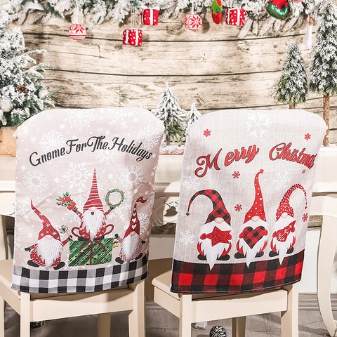 Housses de Dossier de Chaise de Noël Motif Gnome Plaid Rouge Noir Tissu Festif Protections de Chaise Décoration de Fête