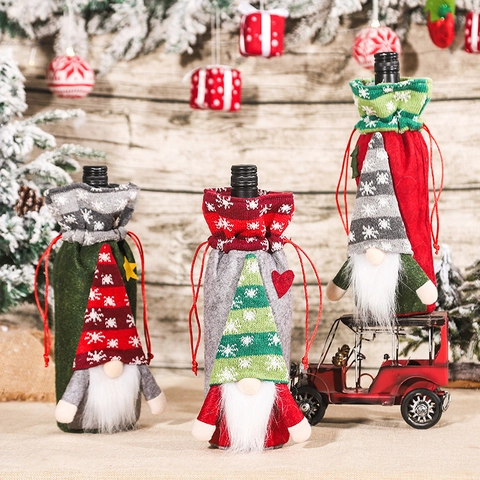 Christmas Gnome Wine Bottle Cover Knitted Fabric Drawstring Forest Man Wine Bags Red Green Gray Snowflake Table Decor