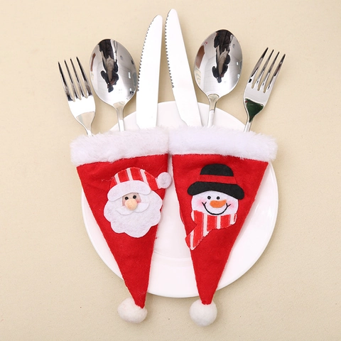 Porte-Couverts en Forme de Chapeau de Noël Motif Père Noël Bonhomme de Neige Tissu Non Tissé Décoration de Table Fête
