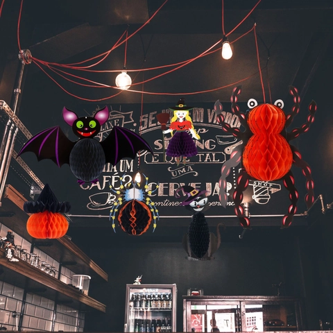 Décoration Suspendue en Papier Nid d Abeille Halloween Sorcière Araignée Chauve Souris Chat Citrouille Ornement Fête Fenêtre