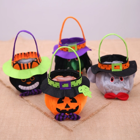 Sacchetto Caramelle Halloween in Tessuto Zucca Strega Vampiro Gatto Nero Borsa Regalo Portatile per Bambini Festa Halloween