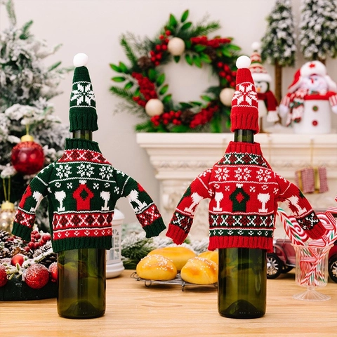 Christmas Knitted Wine Bottle Covers Red Green Snowflake Pattern Sweater With Hat Party Table Decorations For Wine Gift