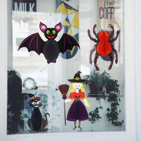 Décoration Suspendue en Papier Nid d Abeille Halloween Sorcière Araignée Chauve Souris Chat Citrouille Ornement Fête Fenêtre