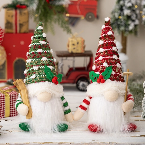 Gnome de Noël Lumineux LED Poupée Peluche Tricotée Tomte Suédois Avec Traîneau en Bois Figurine Rudolf Décor de Fête