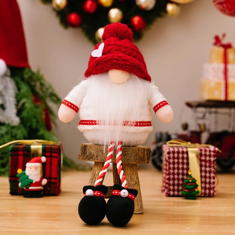 Kreative Weihnachten Herz Gestrickte Langbeinige Zwerg Ornamente Rot Weiß Gesichtslos Puppe Plüsch Spielzeug Festliche Deko
