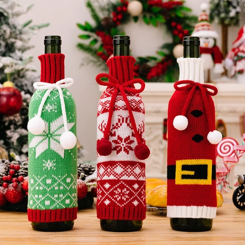 Weihnachten Gestrickte Weinflaschenhülle Weihnachtsmann Gürtel Elch Schneeflocke Muster Strick Champagnerflasche Hülle Für Feiertag Party Tisch Deko