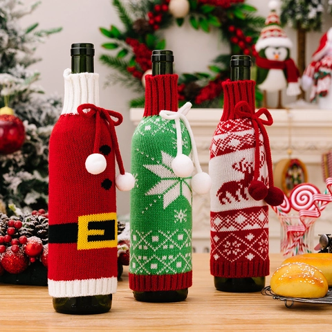 Weihnachten Gestrickte Weinflaschenhülle Weihnachtsmann Gürtel Elch Schneeflocke Muster Strick Champagnerflasche Hülle Für Feiertag Party Tisch Deko