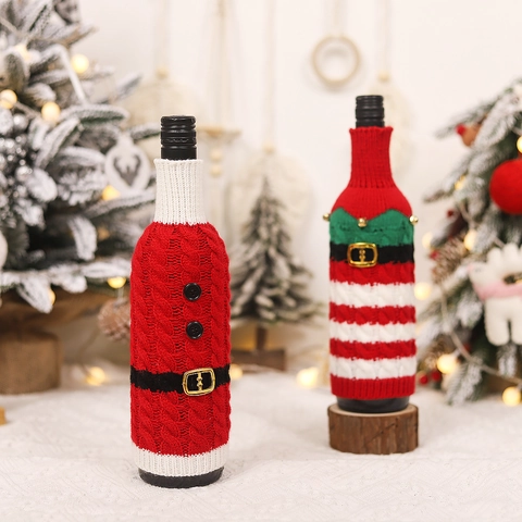 Christmas Knitted Wine Bottle Cover Santa Clause Elf Design With Belt Buckle Bells For Holiday Dinner Table Decor Gift