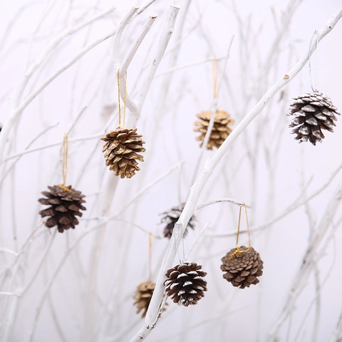 Adornos Colgantes de Navidad de Piña de Madera Natural Pintados en Oro y Plata Decoraciones para Árbol de Navidad DIY