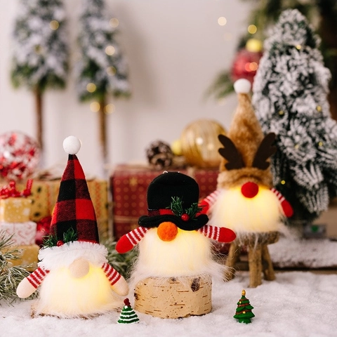 LED Glowing Christmas Gnome Ornaments Rudolph Faceless Doll Plaid Hat Reindeer Antler Holiday Home Party Desktop Decor