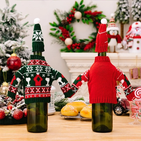 Christmas Knitted Wine Bottle Covers Red Green Snowflake Pattern Sweater With Hat Party Table Decorations For Wine Gift