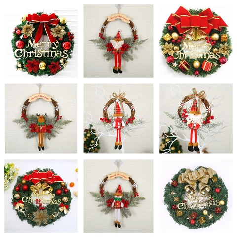 Handmade Christmas Wreath Decoration Artificial Pine Needle Red Bow Golden Bells Merry Christmas Sign For Door Wall Home