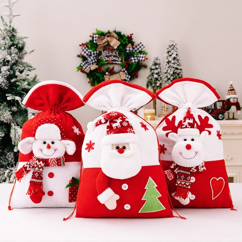 Large Christmas Knitted Gift Bag With 3D Santa Snowman Reindeer Drawstring Sack For Xmas Party Gift Wrapping Home Decor