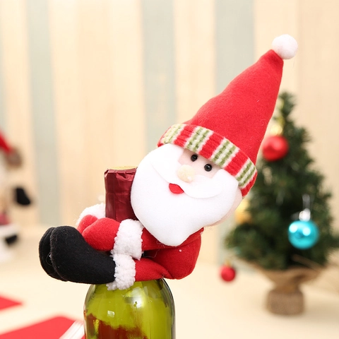 Housse de Bouteille de Vin de Noël Père Noël Bonhomme de Neige Elfe en Tissu Tricoté en Peluche pour Décor de Table
