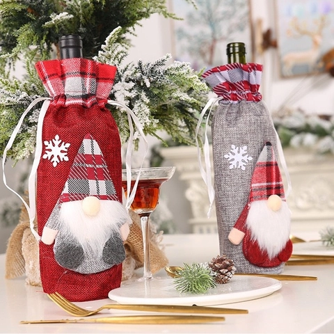 Housses de Bouteille de Vin Gnome de Noël en Toile de Jute Rouge Gris Sacs Cadeaux pour Décorations de Table de Fête Noël