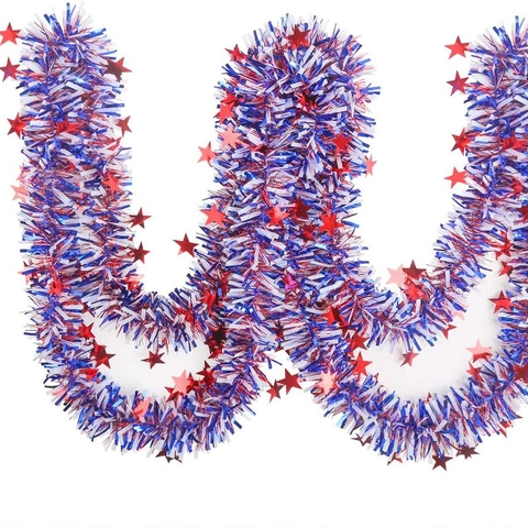 Ghirlanda di Tinsel Patriottica Giorno dell'Indipendenza Rosso Bianco Blu Con Stelle Metalliche per Decorazione Festa