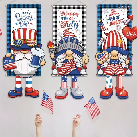 Striscione Appeso Gnomo Giorno Indipendenza Bandiera Americana Stelle E Strisce Tessuto Decorazione Porta Muro Per 4 Luglio Festa