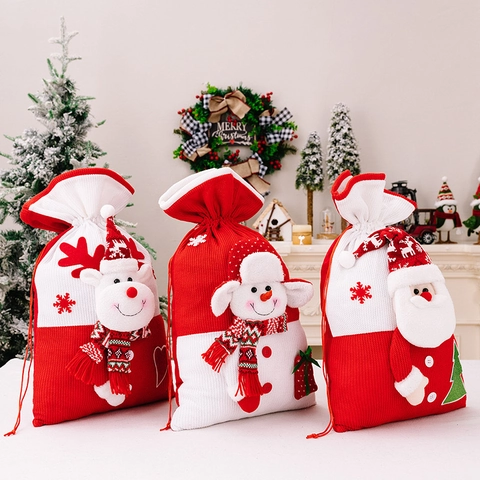 Large Christmas Knitted Gift Bag With 3D Santa Snowman Reindeer Drawstring Sack For Xmas Party Gift Wrapping Home Decor