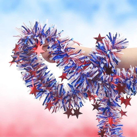 Ghirlanda di Tinsel Patriottica Giorno dell'Indipendenza Rosso Bianco Blu Con Stelle Metalliche per Decorazione Festa