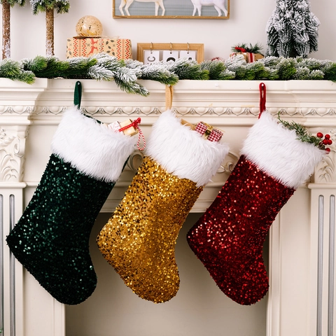 Grande Calza di Natale con Paillettes e Bordo in Pelliccia Sintetica Bianca Calzino Decorativo da Appendere per Camino