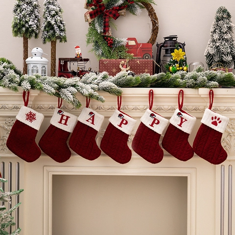 Chaussette de Noël Personnalisée en Tricot Rouge Blanc Torsade Lettre de l'Alphabet Brodée Ornement d'Arbre de Noël Décoration pour la Maison