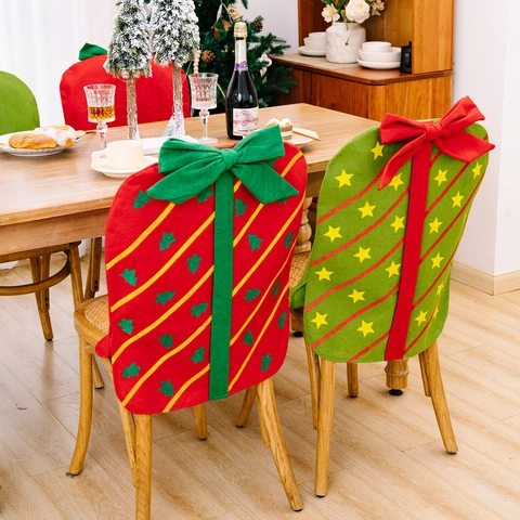 Christmas Gift Box Style Chair Cover With Large Bow Knot Fabric Holiday Dining Chair Back Covers For Home Party Decor