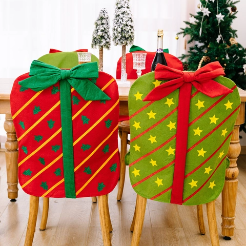 Christmas Gift Box Style Chair Cover With Large Bow Knot Fabric Holiday Dining Chair Back Covers For Home Party Decor