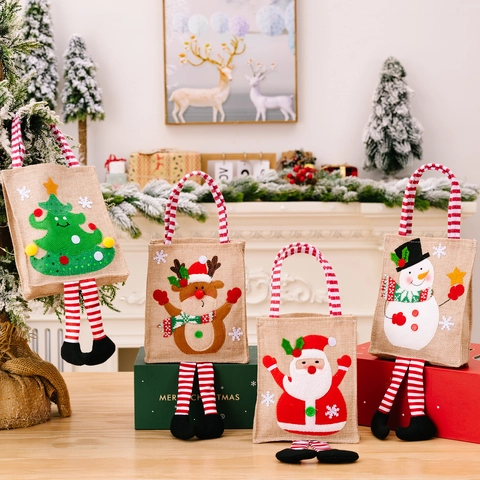 Burlap Christmas Gift Bag With Hanging Striped Legs Santa Snowman Reindeer Tree Cartoon Handbag For Holiday Party Decoration
