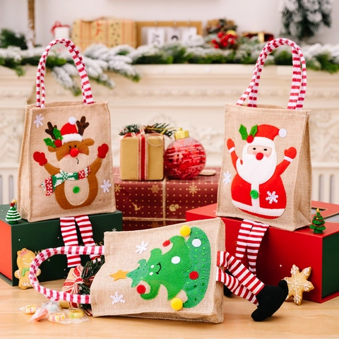 Burlap Christmas Gift Bag With Hanging Striped Legs Santa Snowman Reindeer Tree Cartoon Handbag For Holiday Party Decoration
